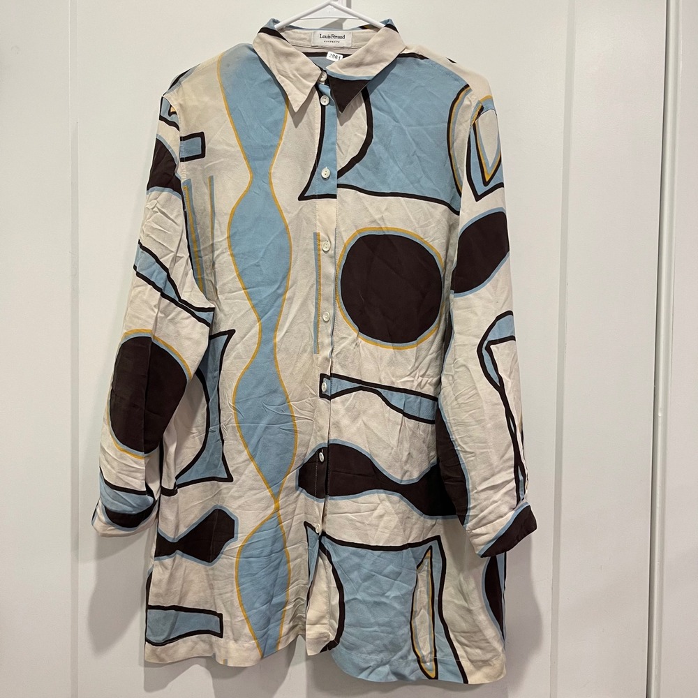 Louis Feraud Contraire Geometric Abstract Print Tunic Button Down Shirt Blue L
